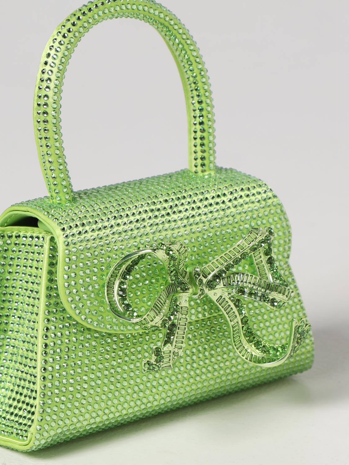 SELF-PORTRAIT BORSA MINI: Borsa The Bow Mini Self-Portrait in seta e strass, Verde - Img 3