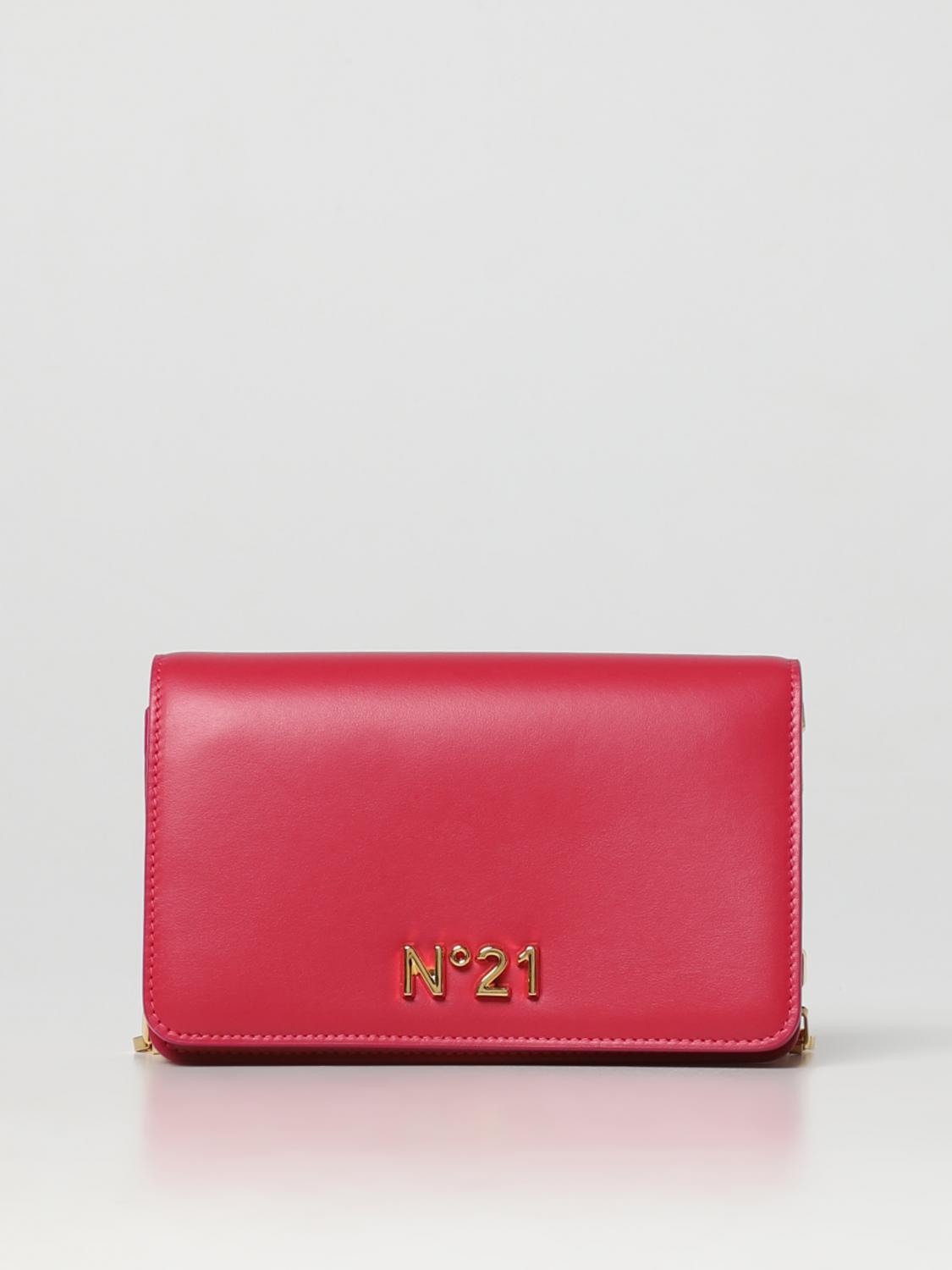 N° 21 BORSA MINI: Clutch N°21 in pelle liscia con logo in metallo, Fuxia - Img 1