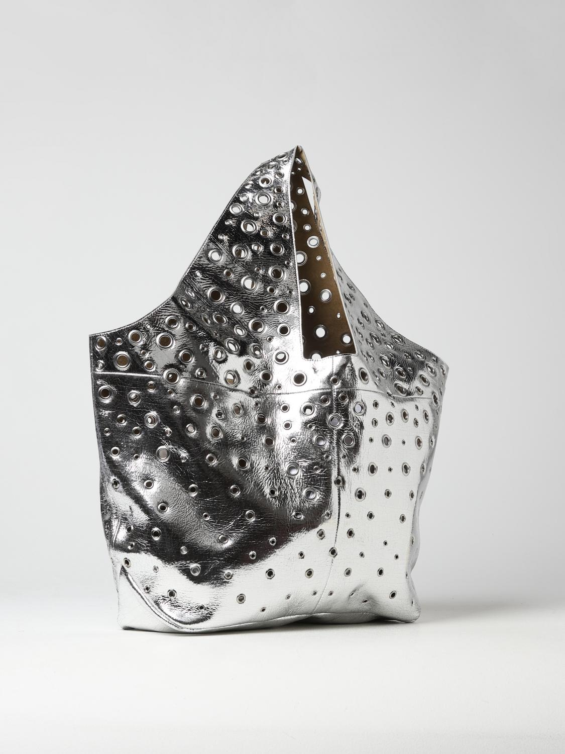 RABANNE BORSA TOTE: Borsa Grommet Paco Rabanne in pelle laminata, Argento - Img 2