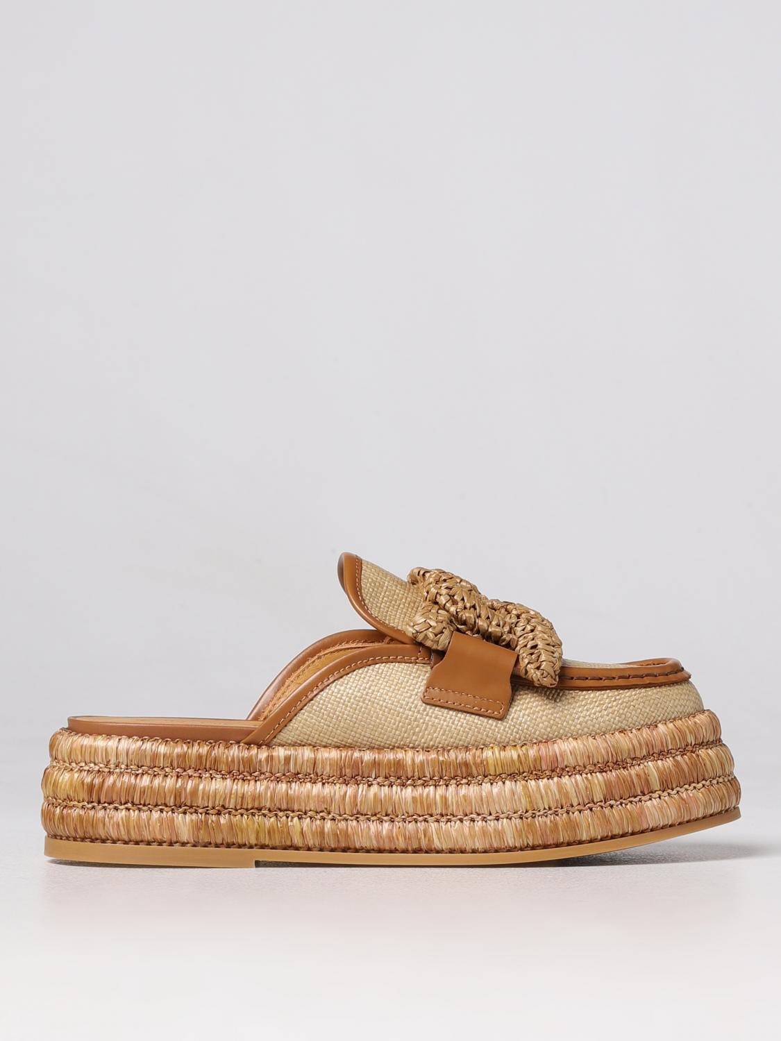 TOD'S SCARPE BASSE: Sabot Tod's in paglia e pelle con zeppa, Beige - Img 1