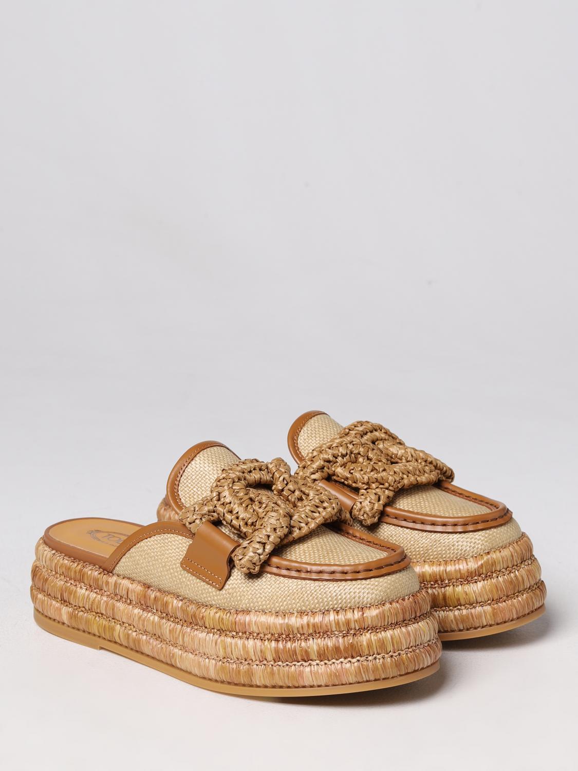 TOD'S SCARPE BASSE: Sabot Tod's in paglia e pelle con zeppa, Beige - Img 2