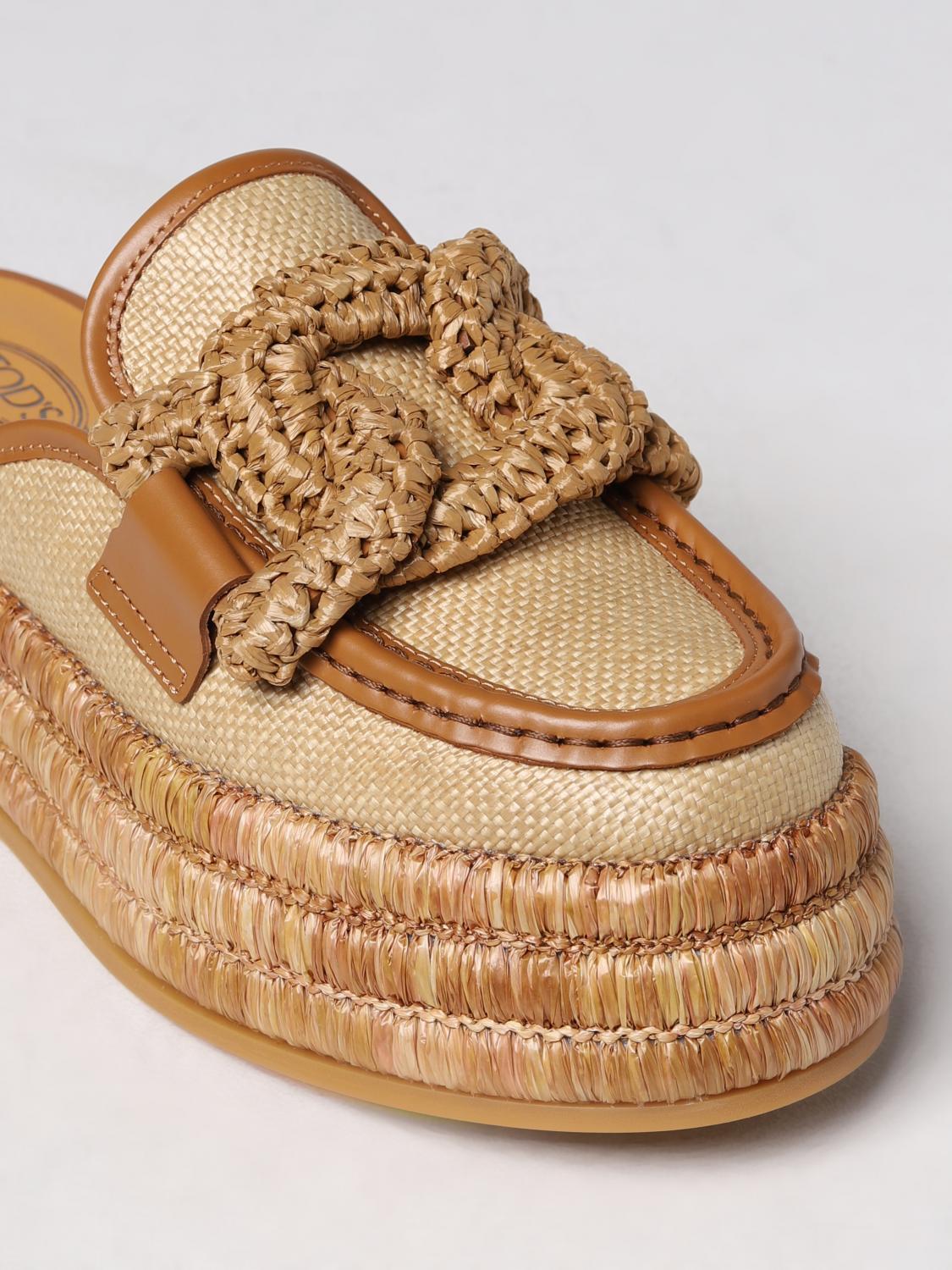 TOD'S SCARPE BASSE: Sabot Tod's in paglia e pelle con zeppa, Beige - Img 4