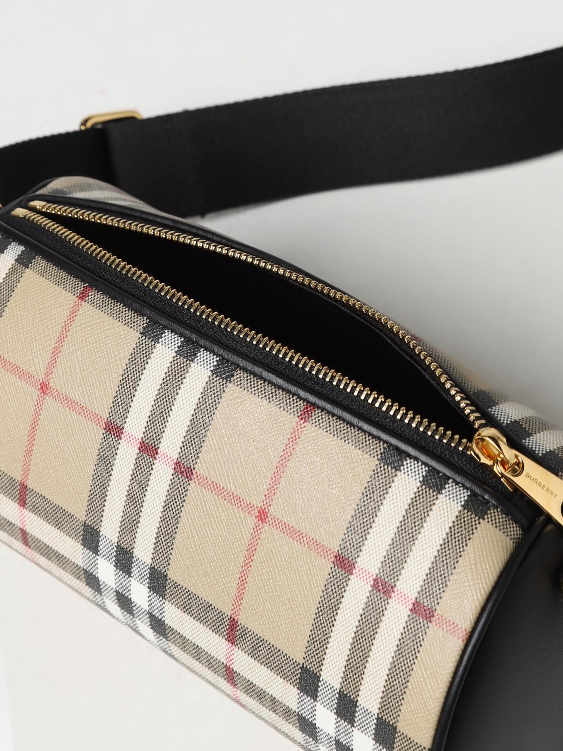 BURBERRY BORSA A TRACOLLA: Borsa New Barrel Vintage Check Burberry in cotone spalmato, Nero - Img 4