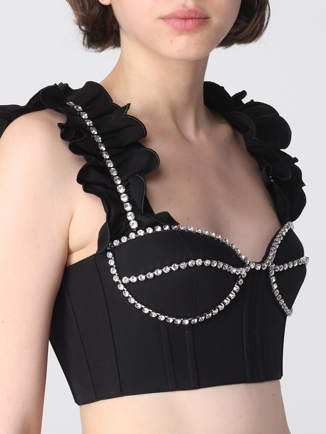 AREA TOP: Top cropped Area in cotone con strass e rouches , Nero - Img 5