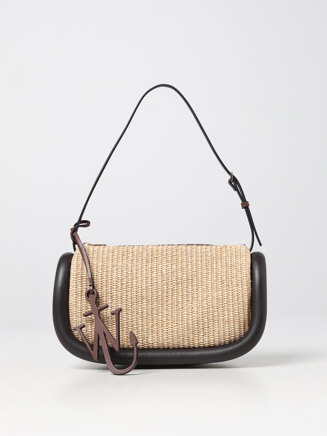 JW ANDERSON BORSA A SPALLA: Borsa JW Anderson in rafie intrecciata e pelle, Marrone - Img 1