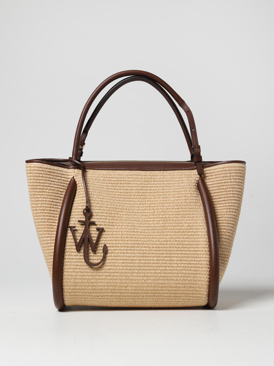 JW ANDERSON BORSA A SPALLA: Borsa JW Anderson in rafia intrecciata, Marrone - Img 1