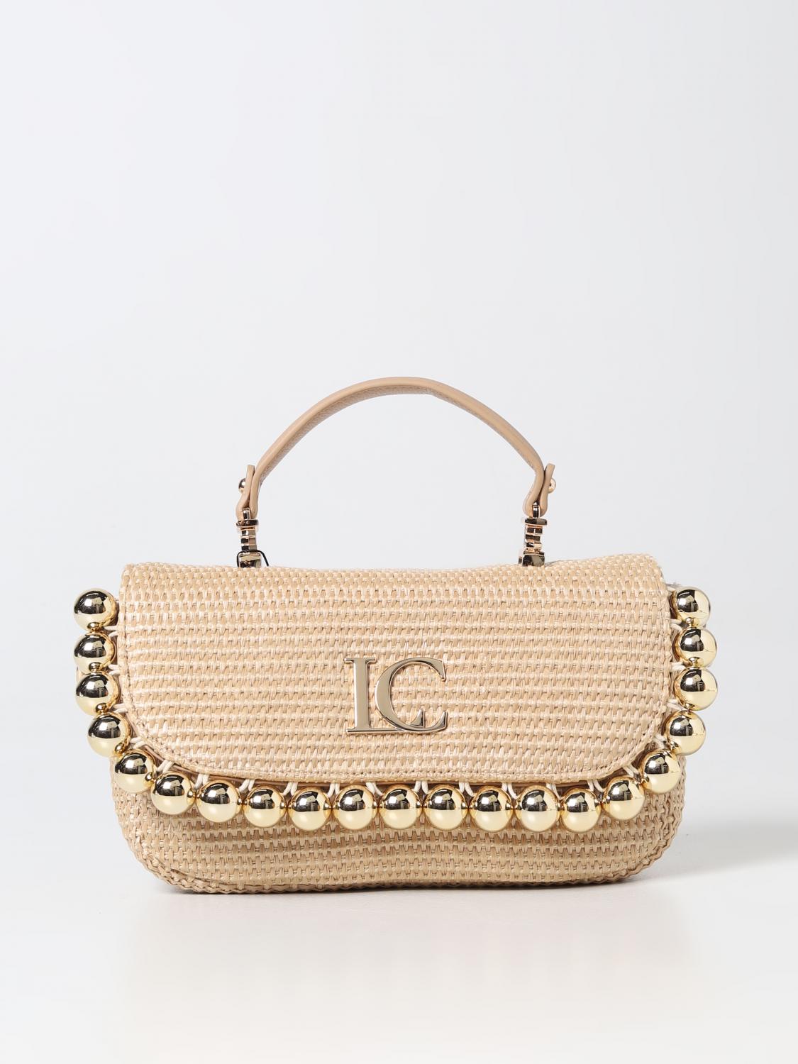 LA CARRIE BORSA A MANO: Borse La Carrie in pelle sintetica e rafia con logo in metallo, Naturale - Img 1