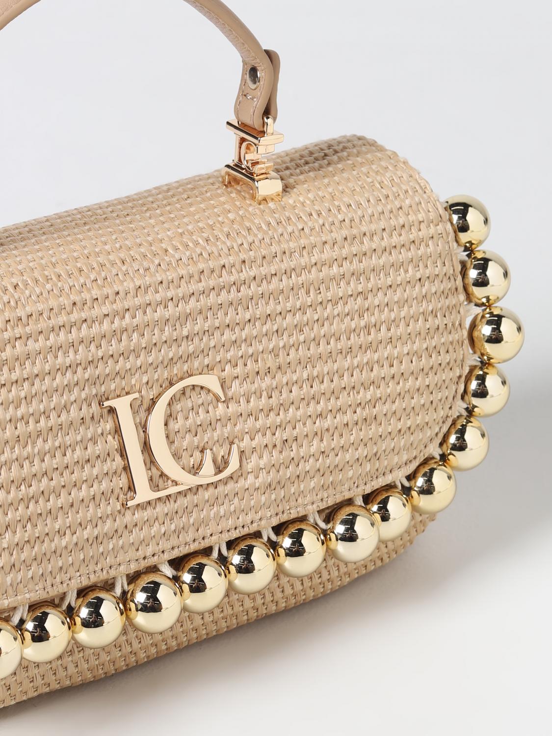 LA CARRIE BORSA A MANO: Borse La Carrie in pelle sintetica e rafia con logo in metallo, Naturale - Img 3