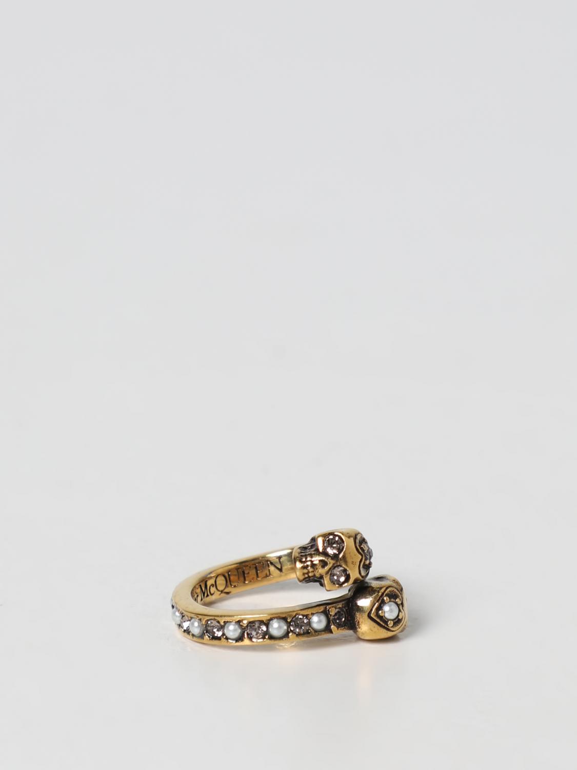 MCQUEEN GIOIELLO: Anello Twin Skull McQueen in ottone con strass e perline, Oro - Img 1
