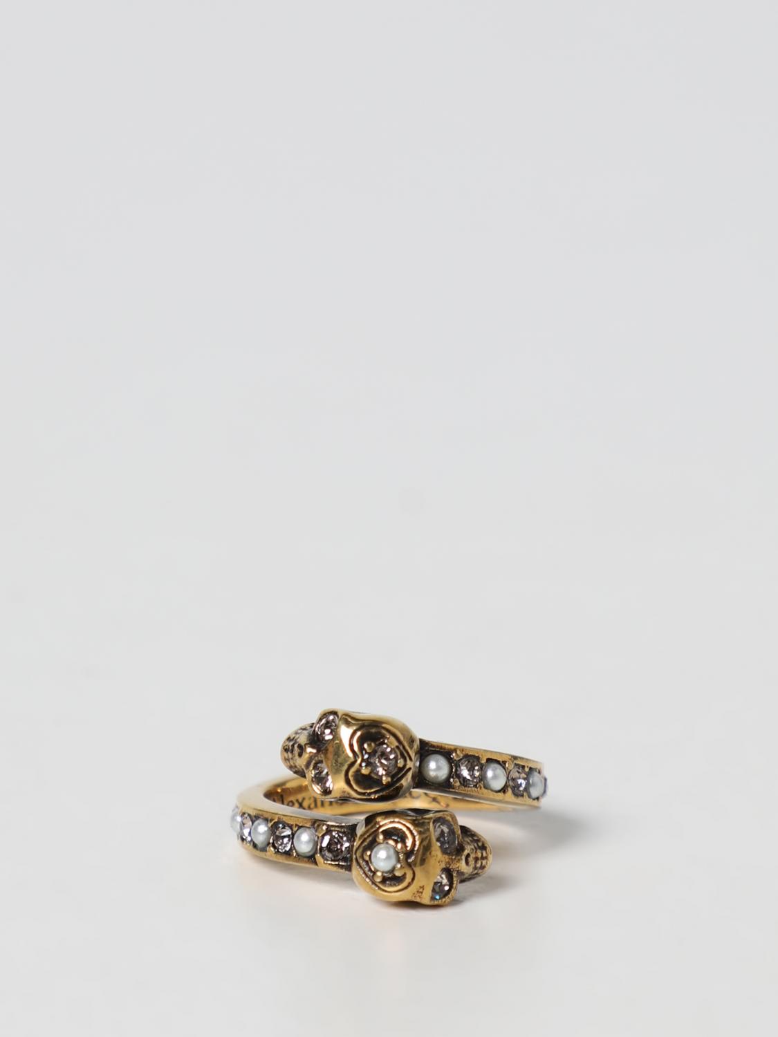 MCQUEEN GIOIELLO: Anello Twin Skull McQueen in ottone con strass e perline, Oro - Img 2