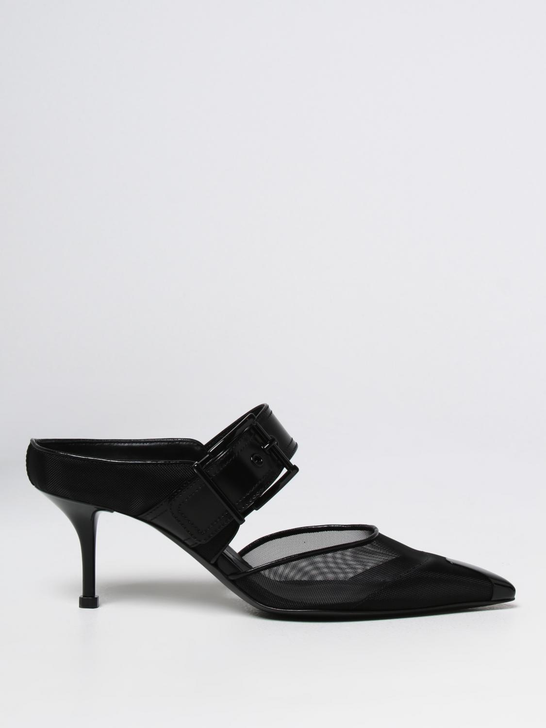 MCQUEEN SCARPE CON TACCO: Mules Punk McQueen in pelle e mesh, Nero - Img 1