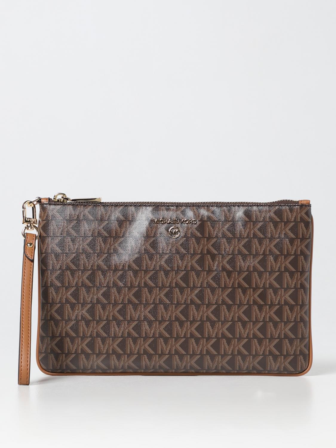 MICHAEL KORS CLUTCH: Clutch Michael Kors in cotone spalmato con monogram stampato, Marrone - Img 1