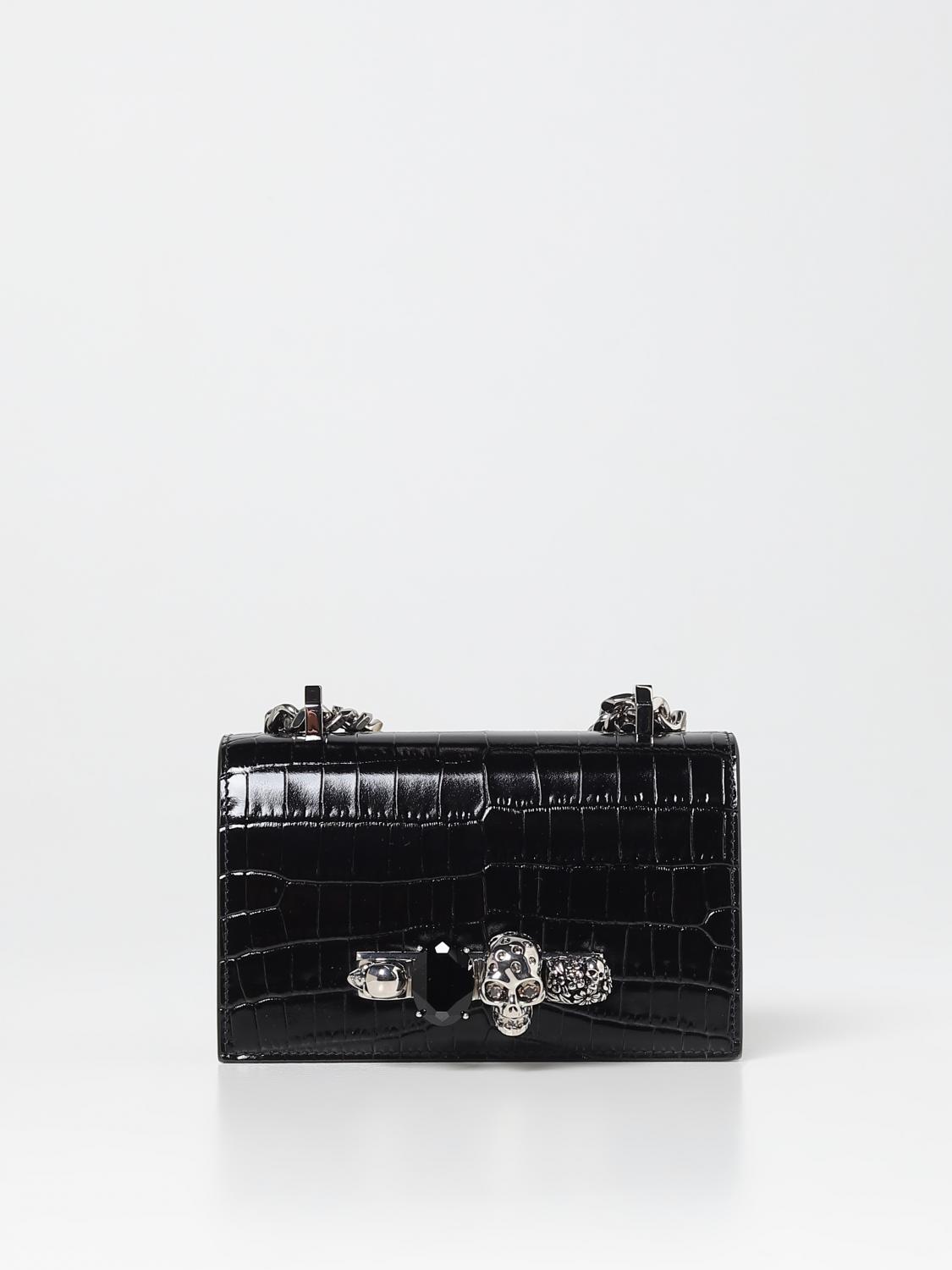 MCQUEEN BORSA MINI: Borsa Jewelled Satchel McQueen in pelle stampa cocco, Nero - Img 1