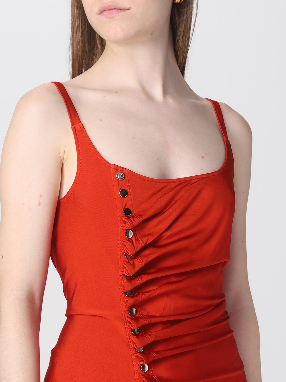 fitted lace wedding dress Paco Rabanne Red Tropical Floral Jersey Ruched Long Dress