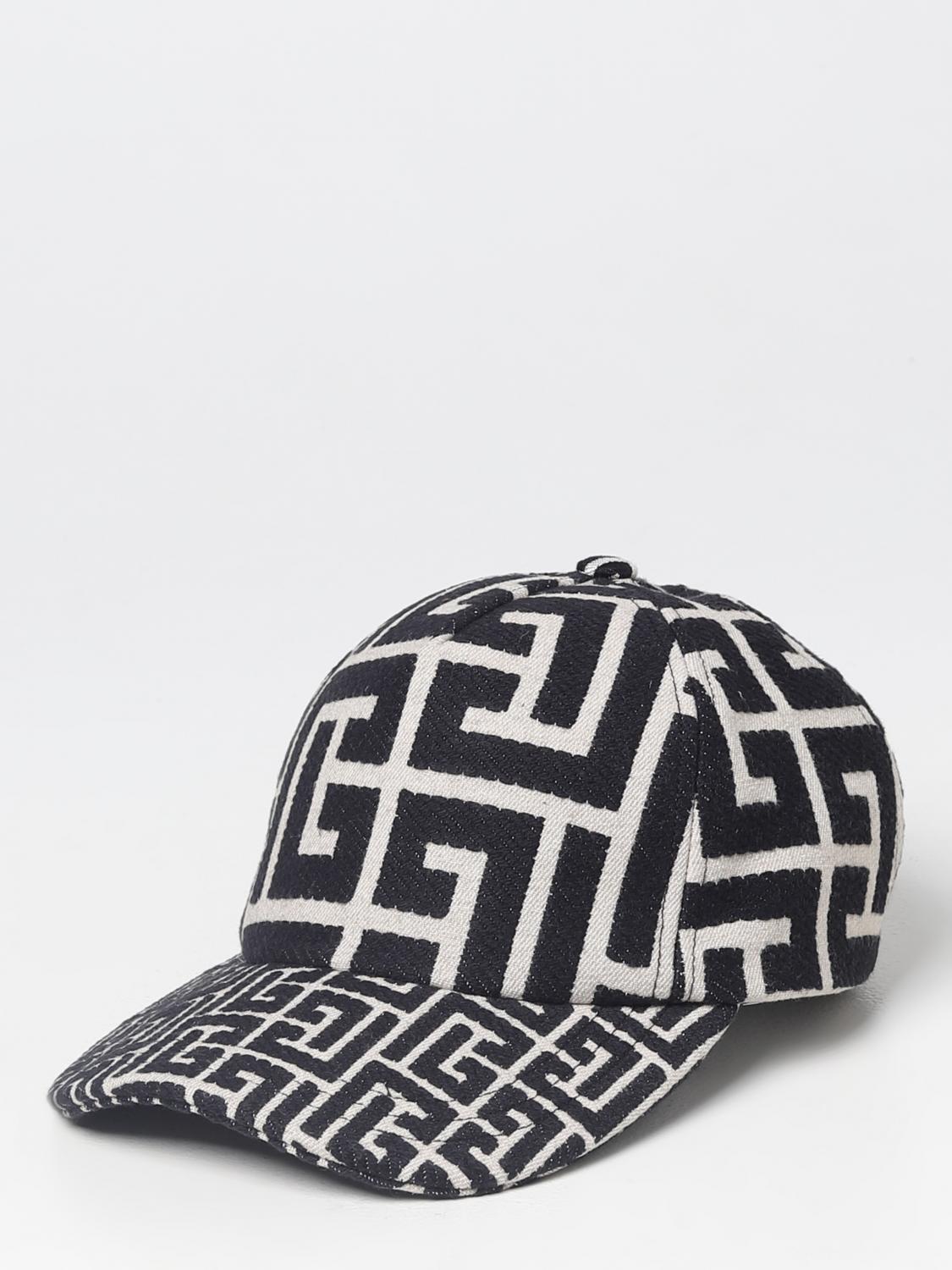 BALMAIN: Cappello in cotone con monogram intarsiato Nero