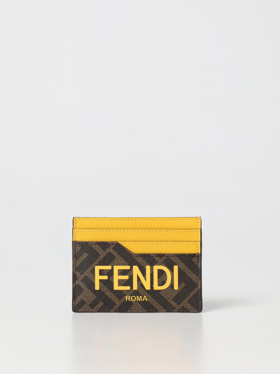 FENDI PORTAFOGLIO: Portacarte di credito Fendi in tessuto goffrato e pelle a grana, Giallo - Img 1