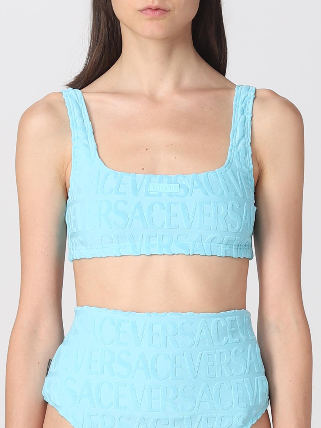 VERSACE COSTUME: Bikini top Dua Lipa x Versace in tessuto stretch e spugna, Azzurro - Img 1