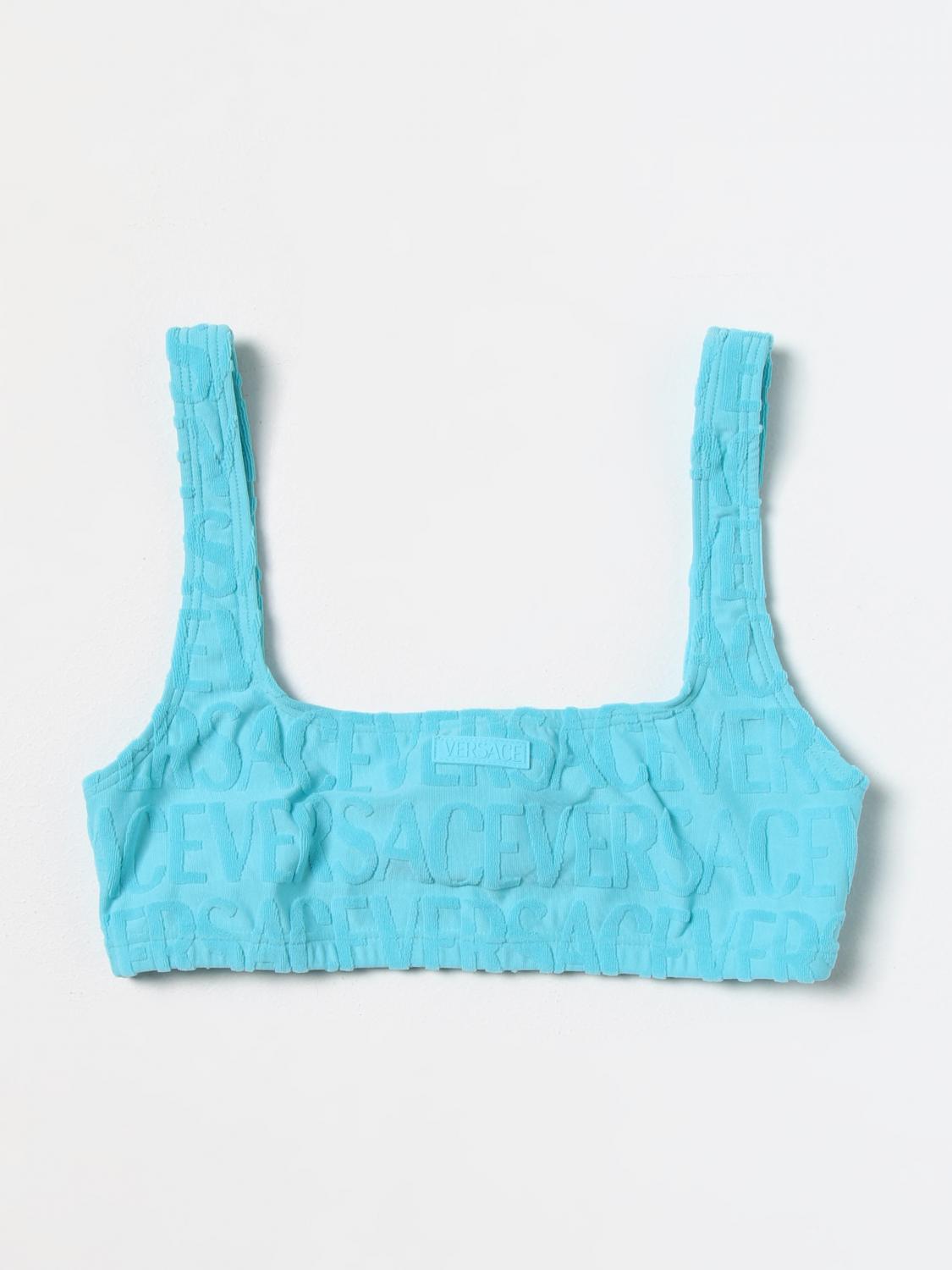 VERSACE COSTUME: Bikini top Dua Lipa x Versace in tessuto stretch e spugna, Azzurro - Img 2
