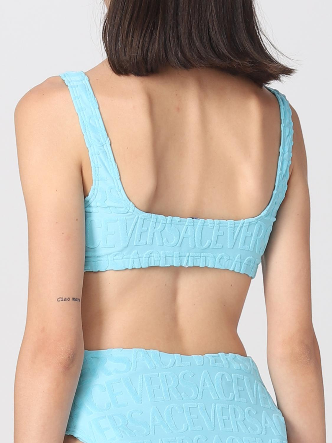VERSACE COSTUME: Bikini top Dua Lipa x Versace in tessuto stretch e spugna, Azzurro - Img 3