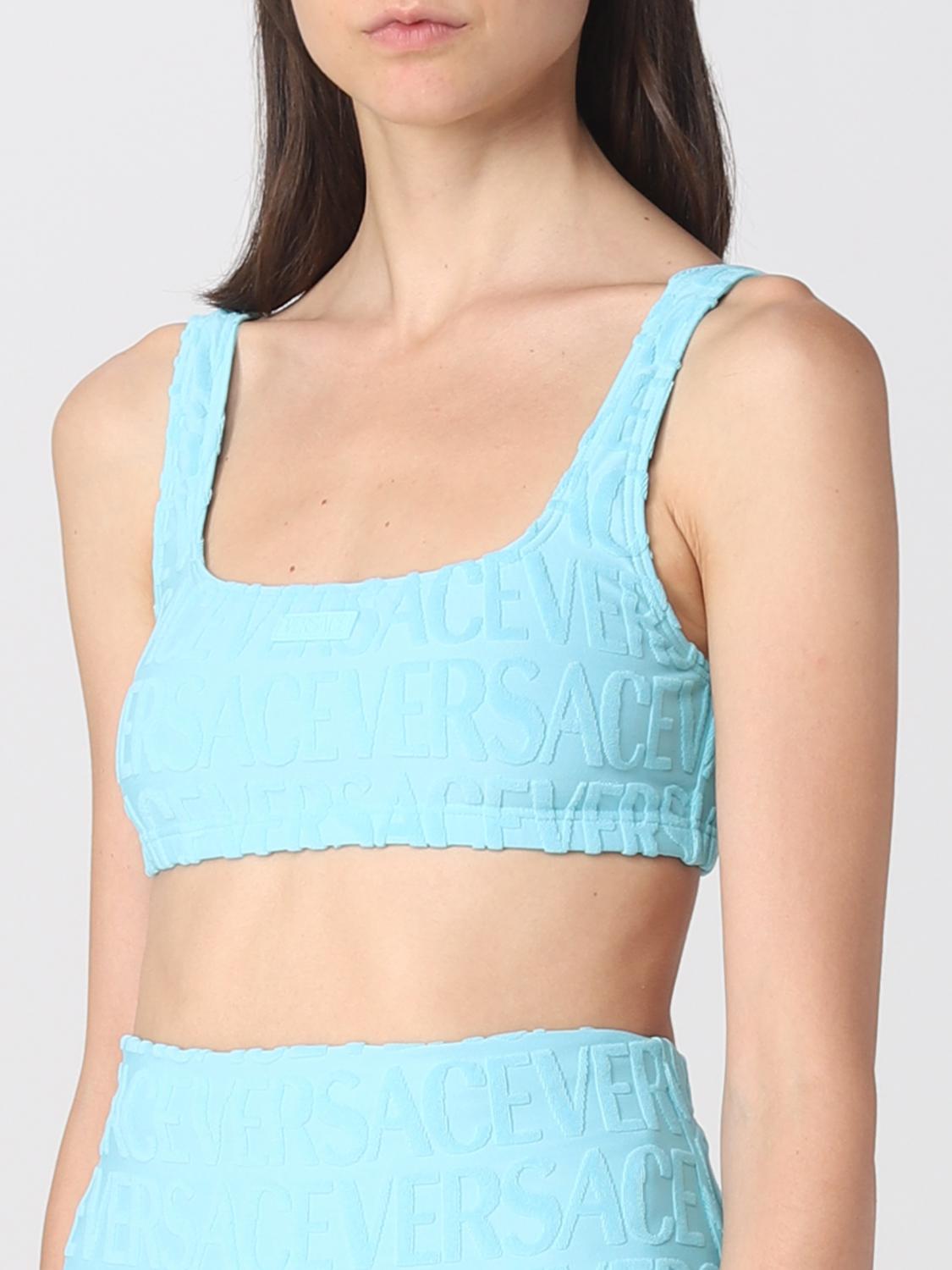 VERSACE COSTUME: Bikini top Dua Lipa x Versace in tessuto stretch e spugna, Azzurro - Img 4