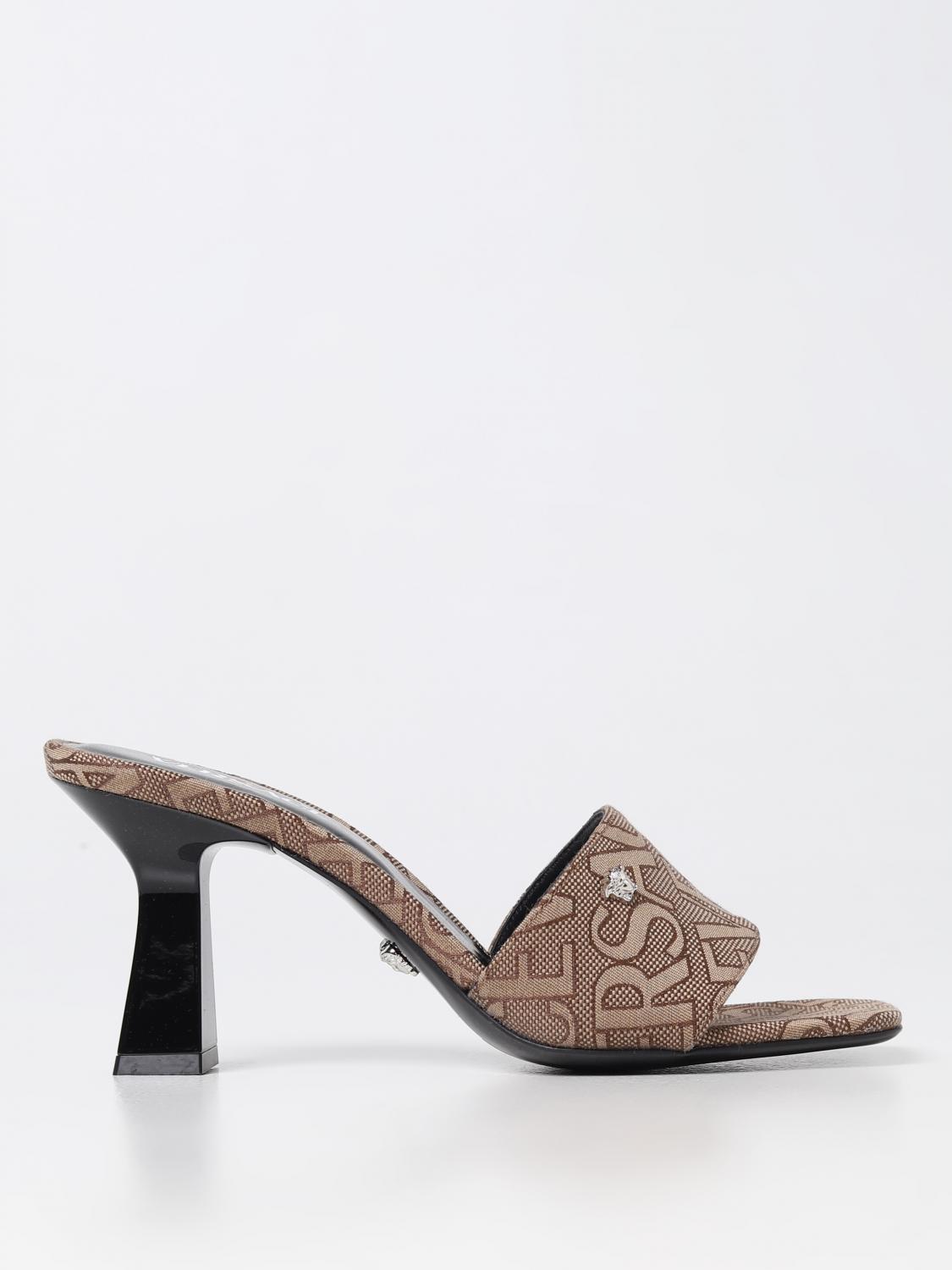 VERSACE HEELED SANDAL: Versace mules in fabric, Brown - Img 1