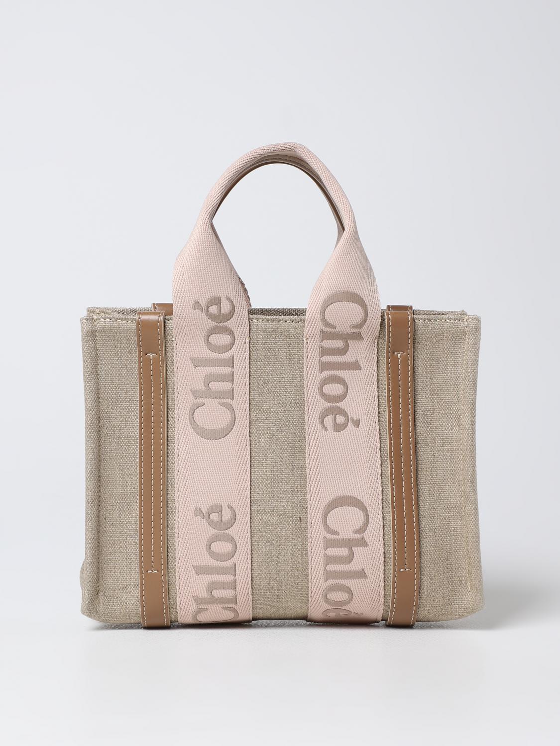 CHLOÉ BORSA A MANO: Borsa Chloé in canvas e pelle con logo ricamato, Beige - Img 1