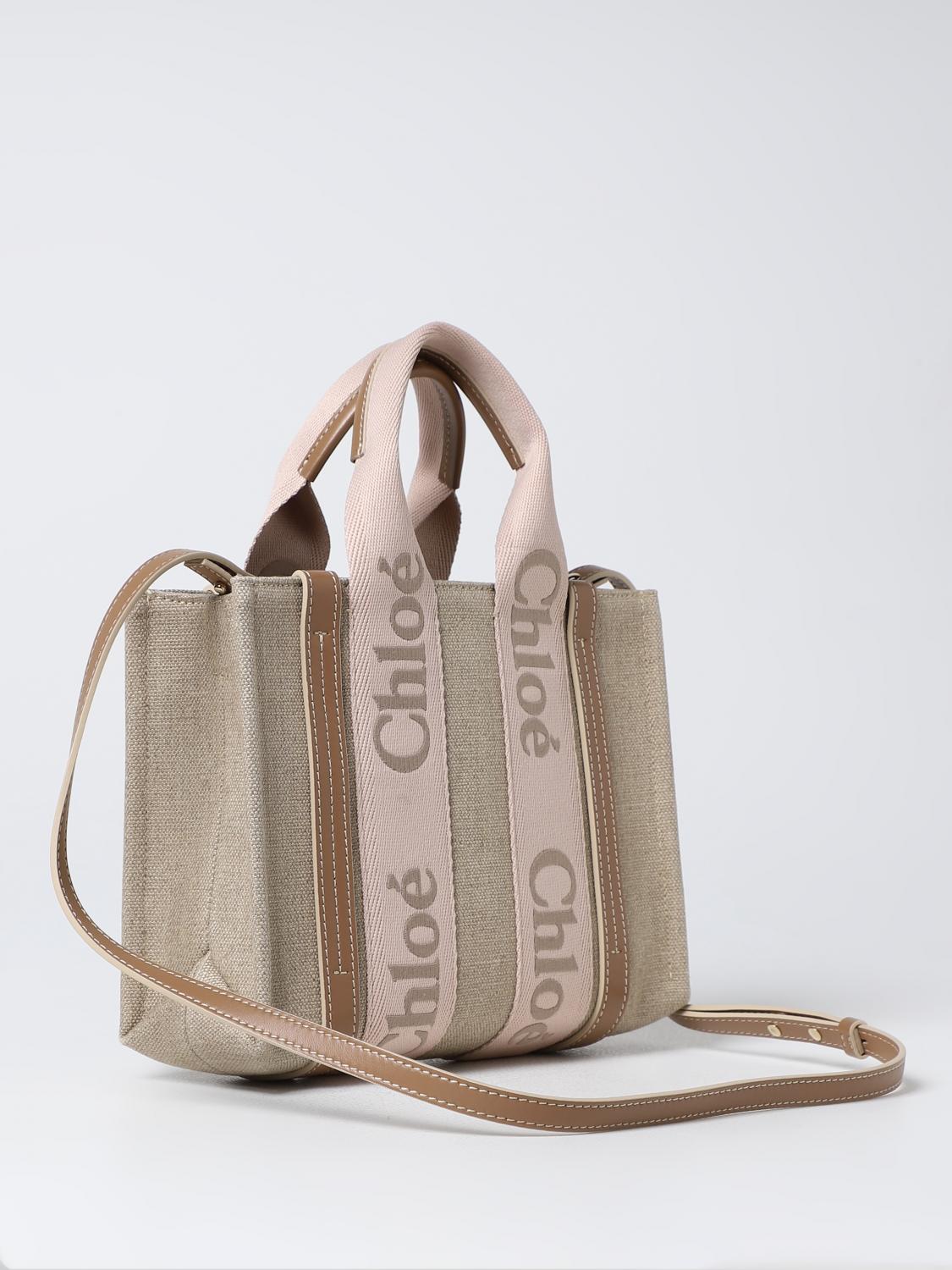 CHLOÉ BORSA A MANO: Borsa Chloé in canvas e pelle con logo ricamato, Beige - Img 2