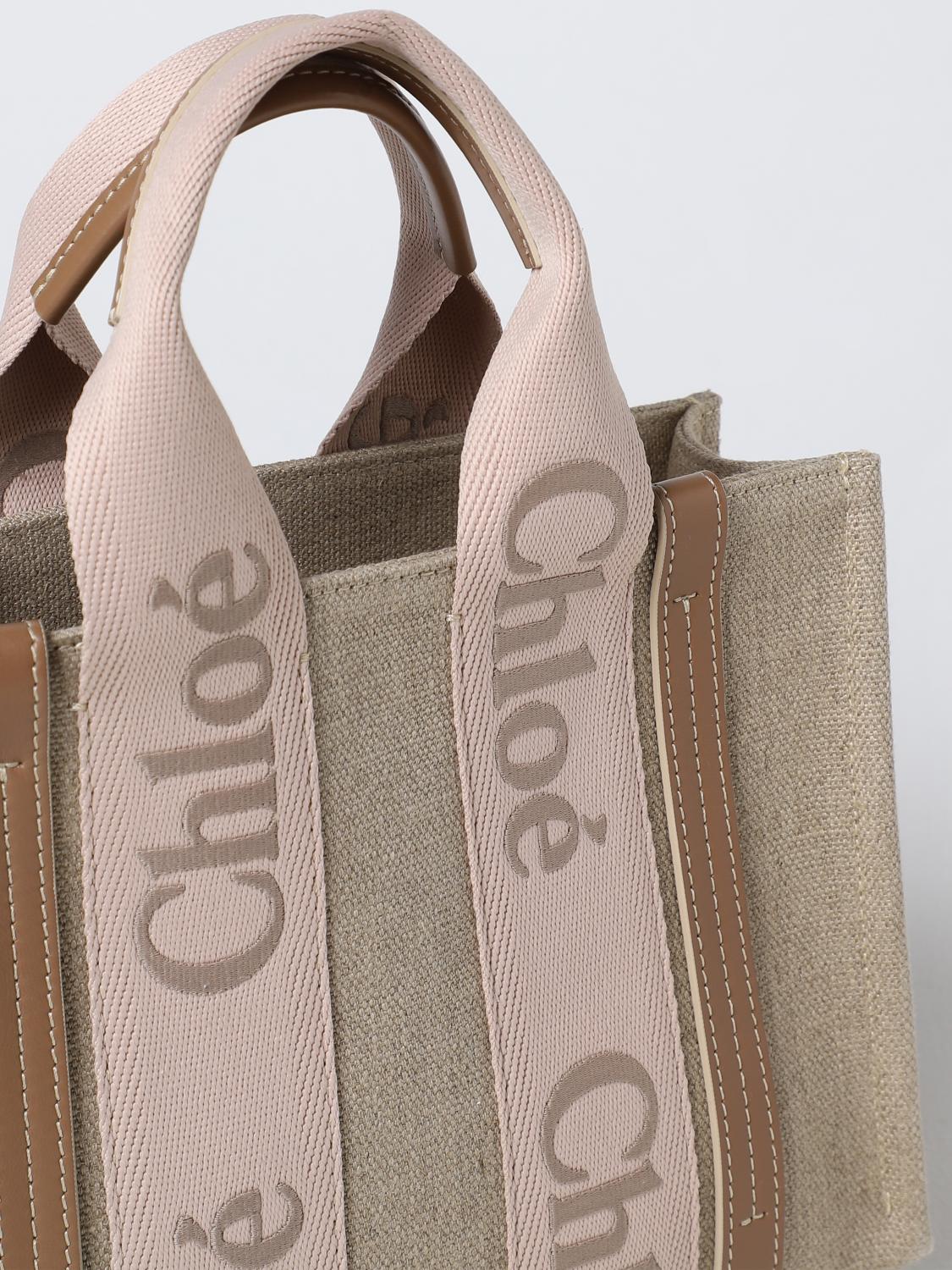 CHLOÉ BORSA A MANO: Borsa Chloé in canvas e pelle con logo ricamato, Beige - Img 3