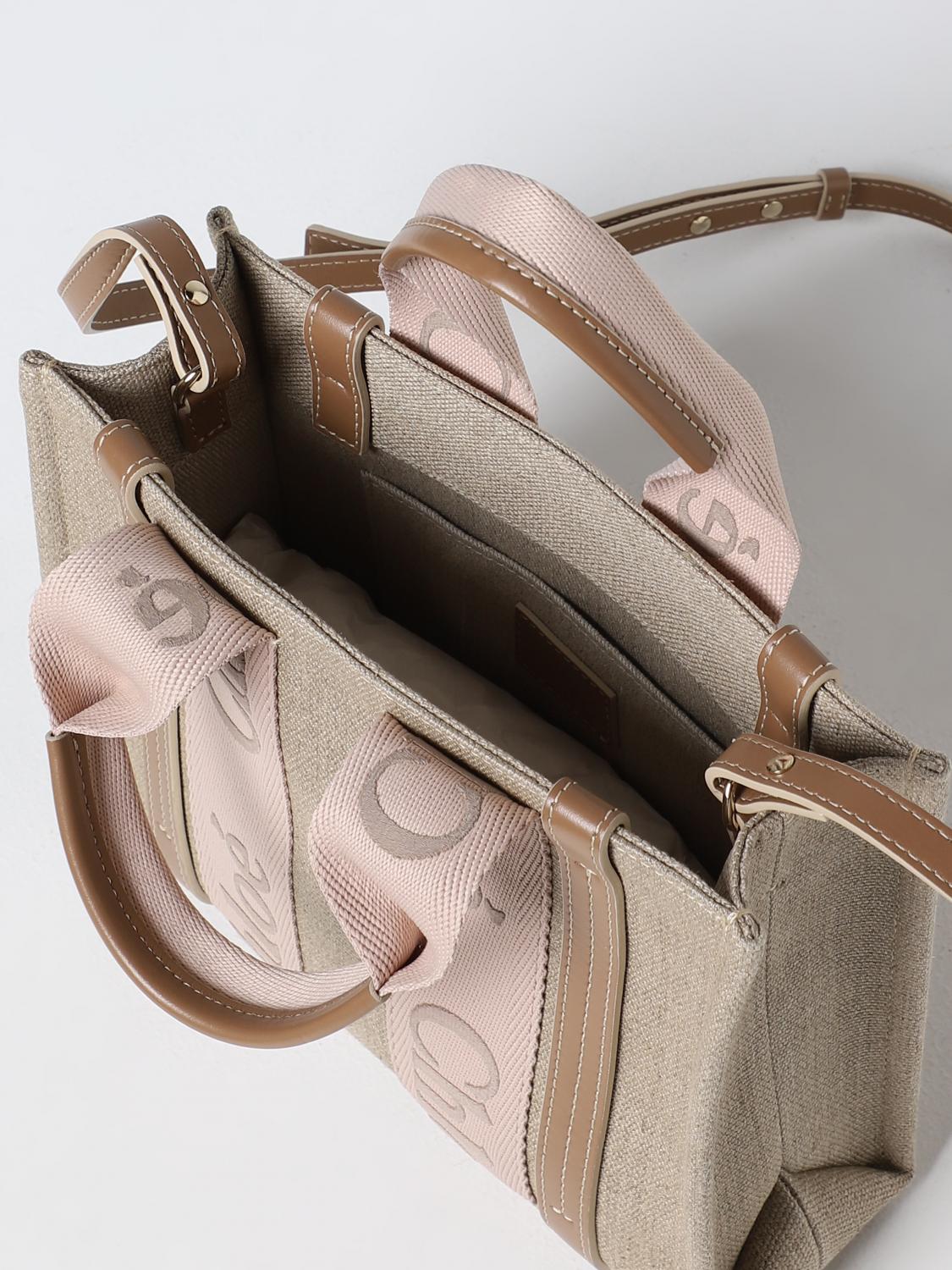 CHLOÉ BORSA A MANO: Borsa Chloé in canvas e pelle con logo ricamato, Beige - Img 4