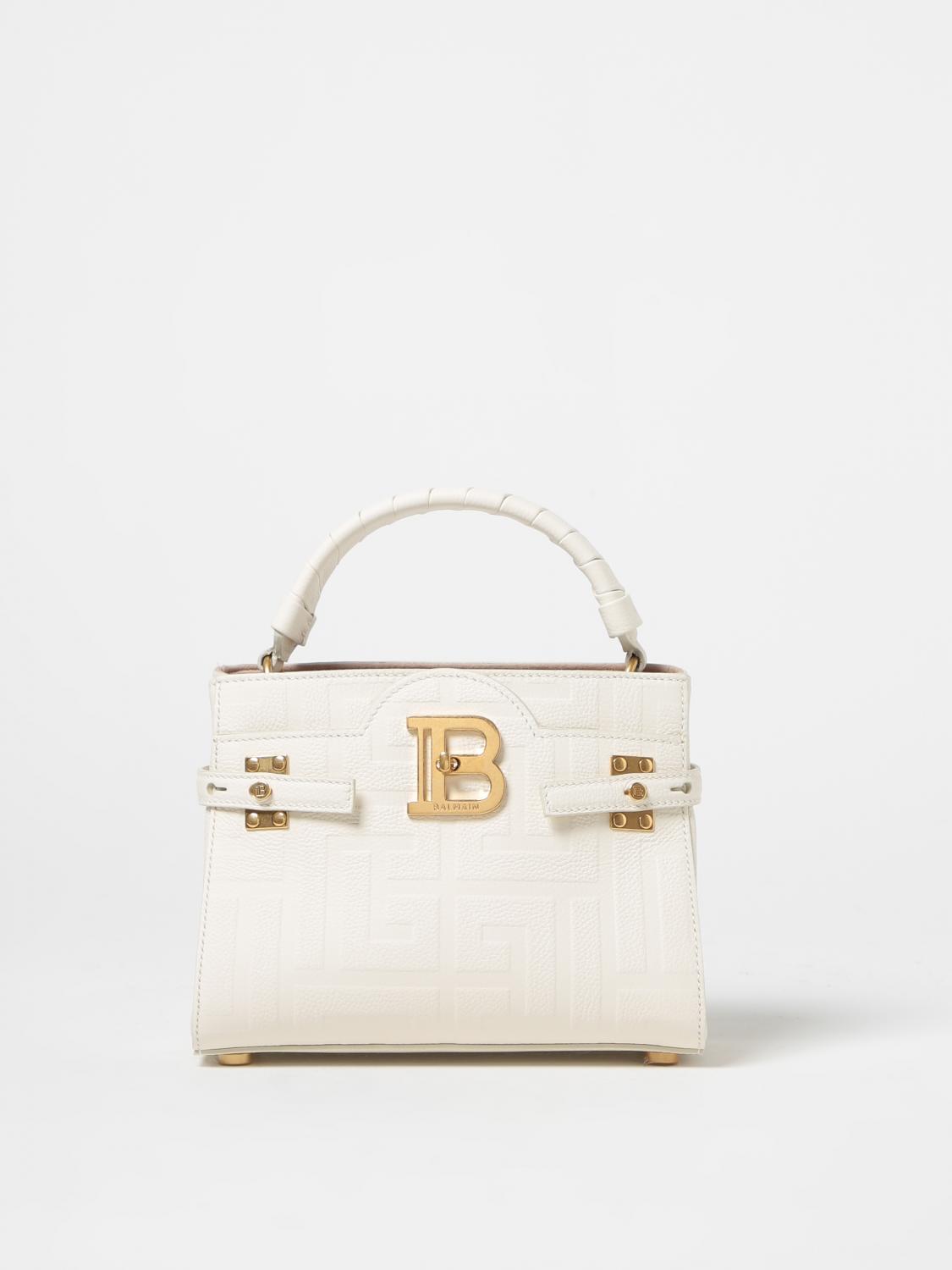BALMAIN BORSA MINI: Borsa B-Buzz Balmain in pelle a grana con monogram, Bianco - Img 1