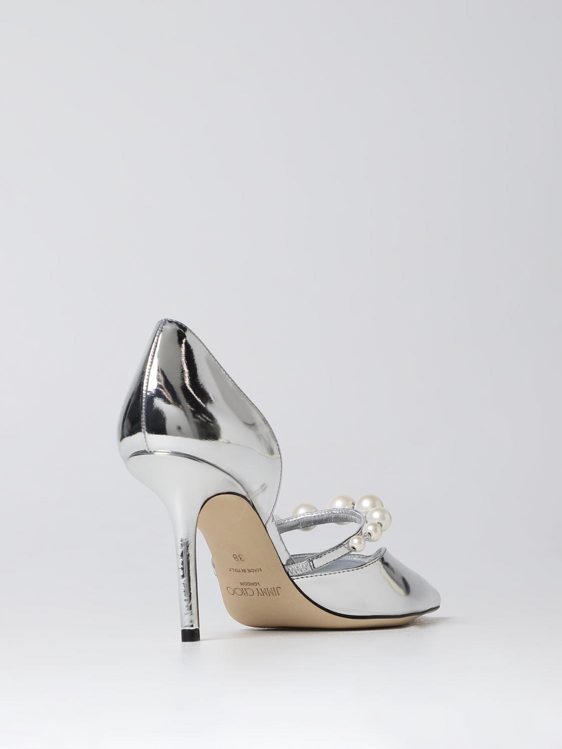 JIMMY CHOO: Aurelie pumps in patent leather with asymmetric pearls