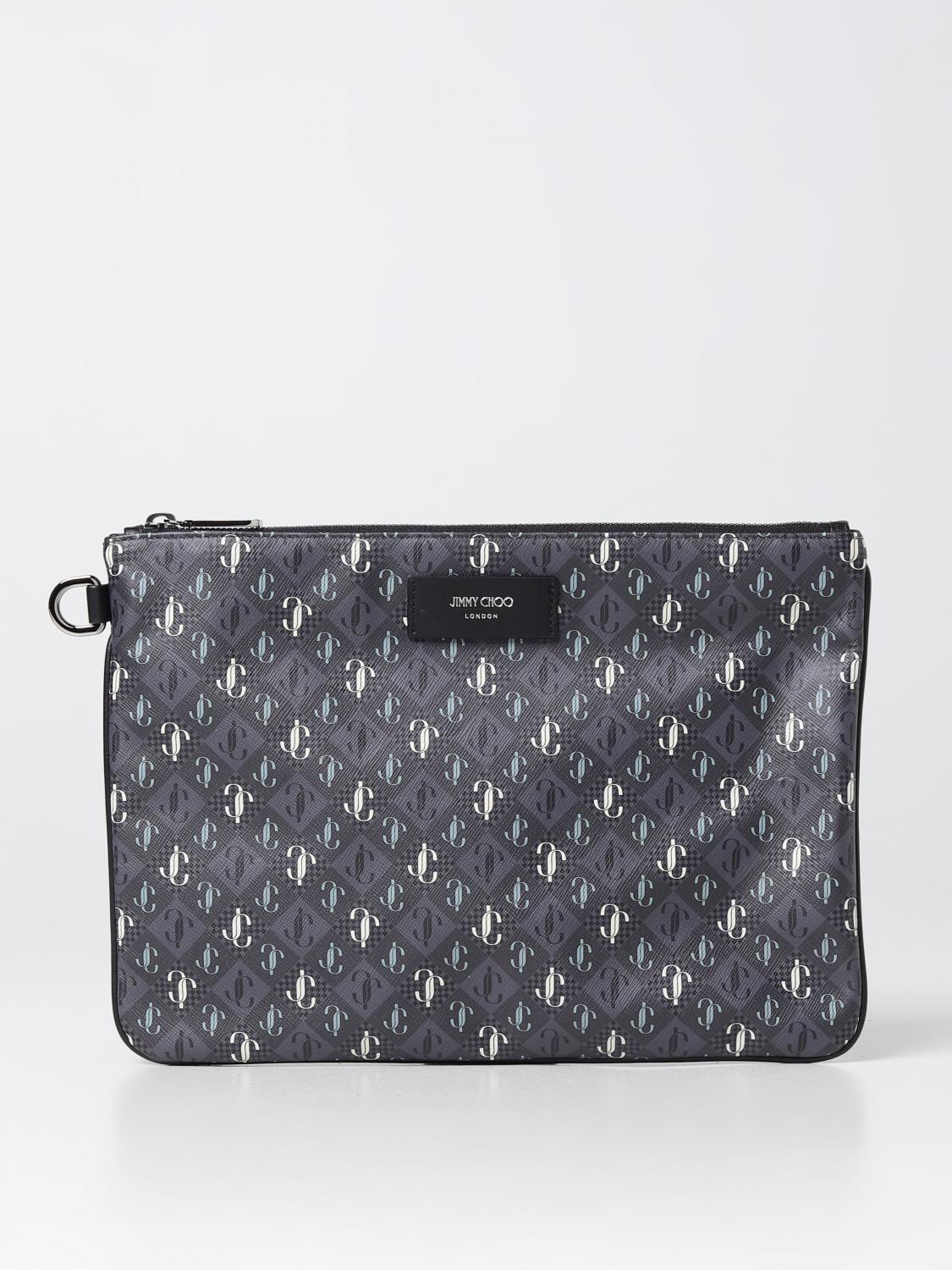 JIMMY CHOO PORTADOCUMENTI: Clutch Derek Jimmy Choo in tesstuo spalmato con monogram Jc all over, Grigio - Img 1