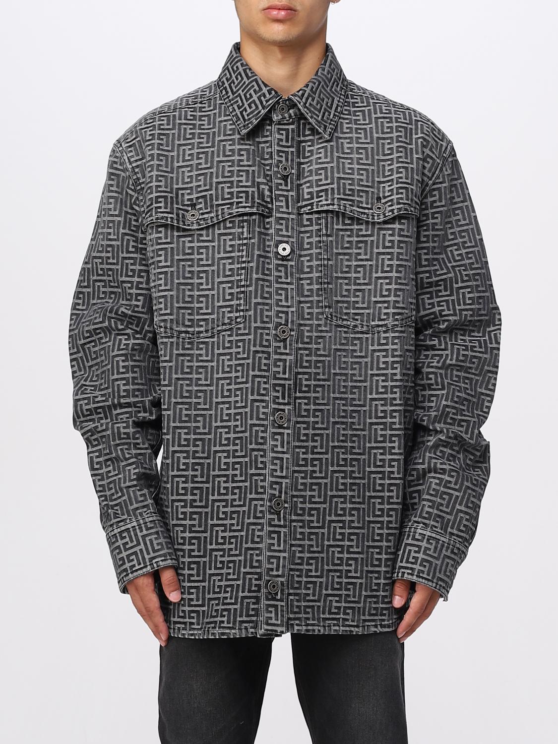 BALMAIN CAMICIA: Overshirt Balmain in denim con motivo monogram, Nero - Img 1