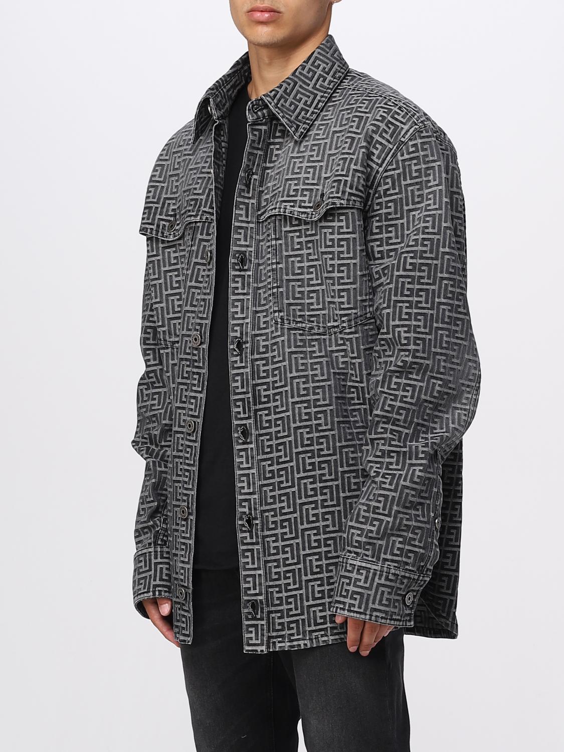 BALMAIN CAMICIA: Overshirt Balmain in denim con motivo monogram, Nero - Img 4