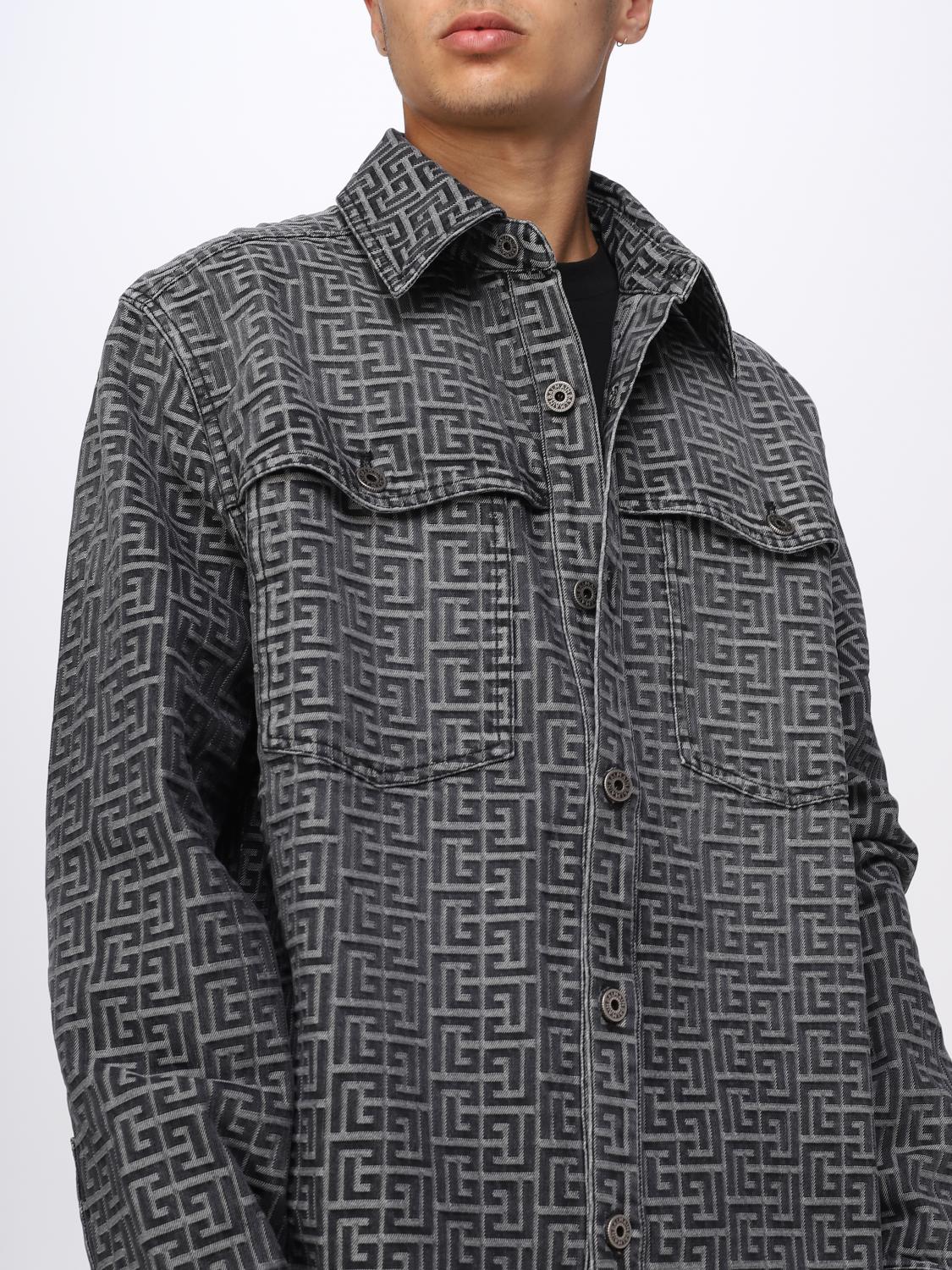 BALMAIN CAMICIA: Overshirt Balmain in denim con motivo monogram, Nero - Img 5
