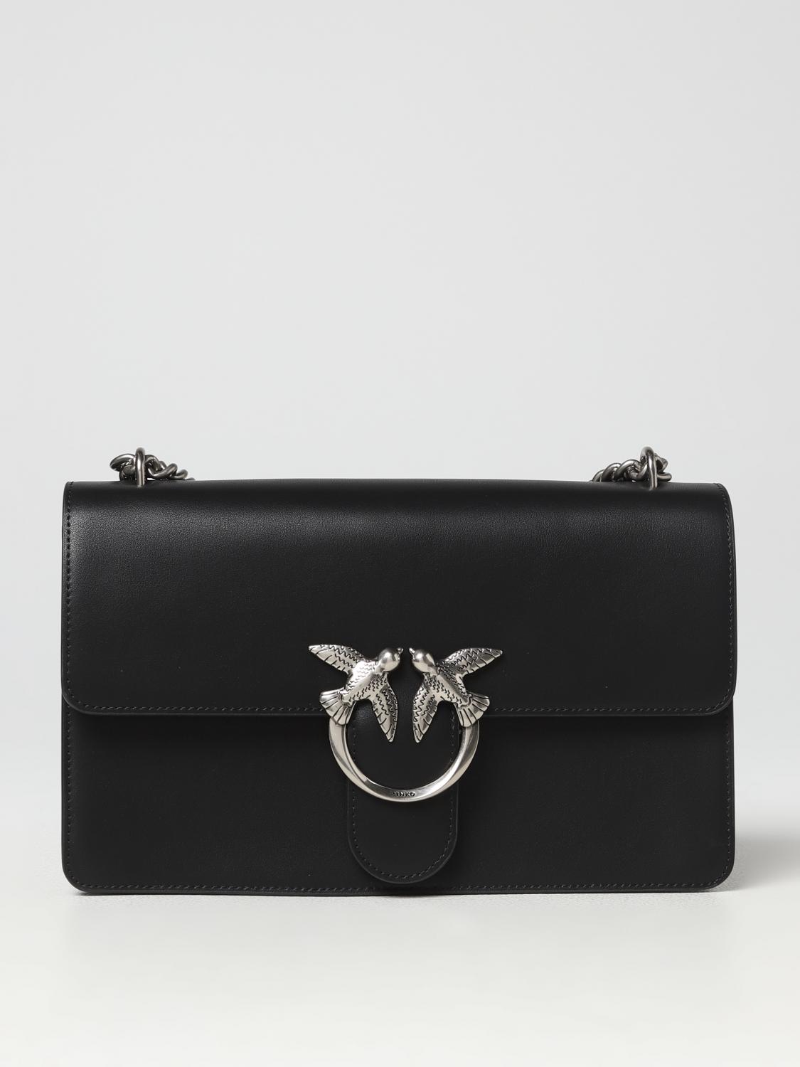 PINKO SHOULDER BAG: Pinko Love One bag in leather with applied logo, Black - Img 1