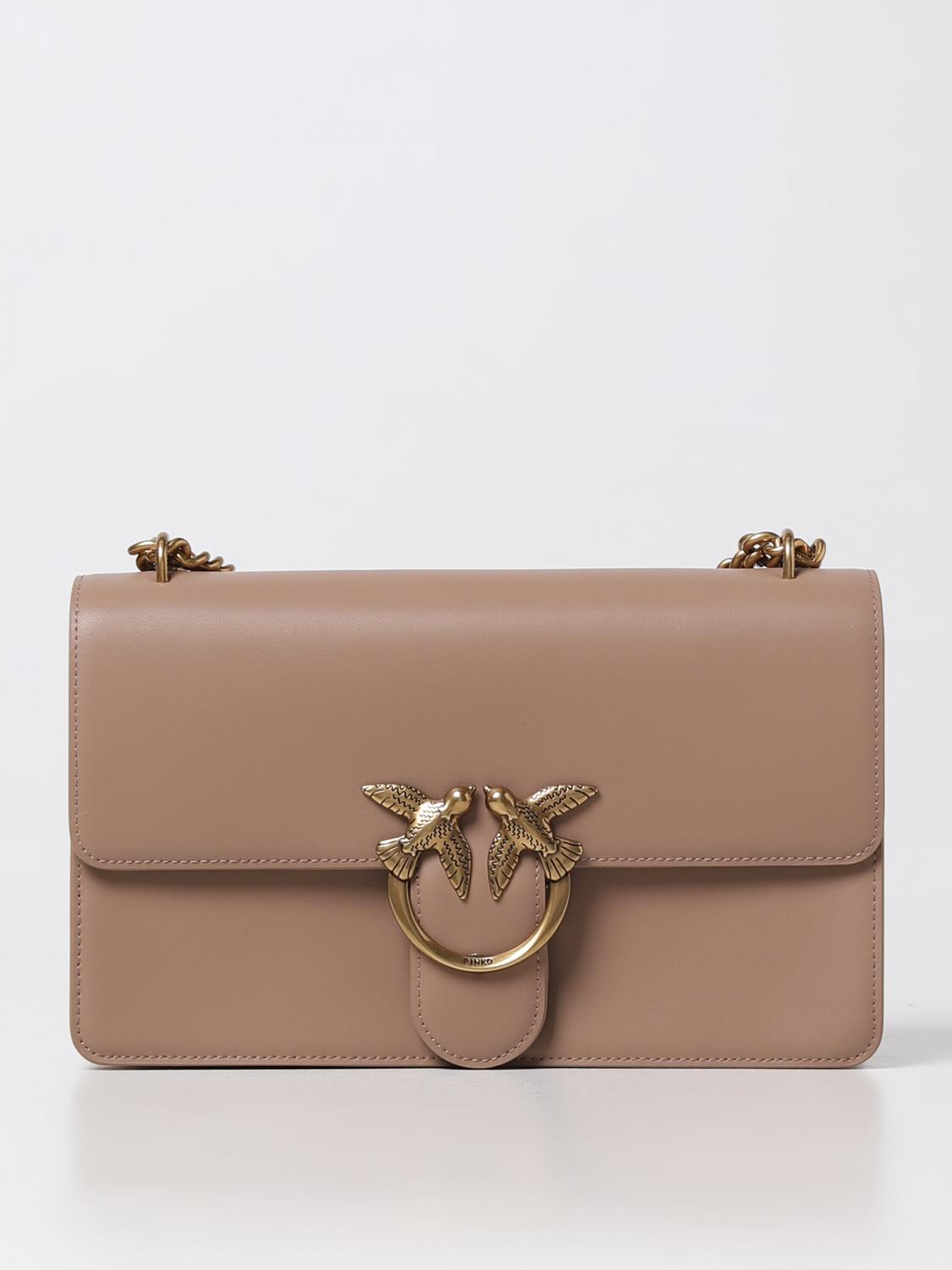 PINKO SHOULDER BAG: Pinko Love One bag in leather with applied logo, Beige - Img 1