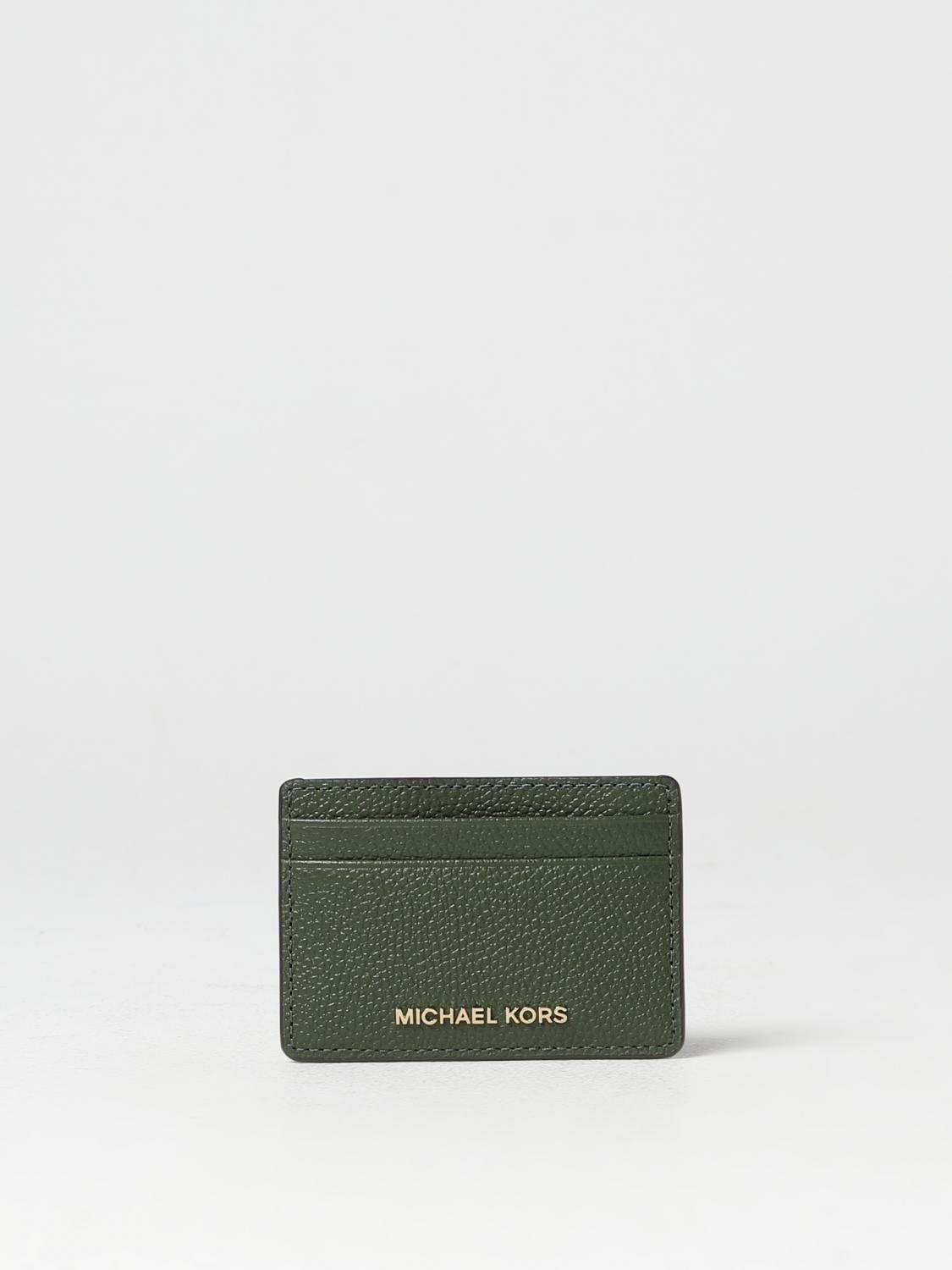 MICHAEL KORS WALLET: Michael Kors credit card holder in micro grained leather, Green - Img 1