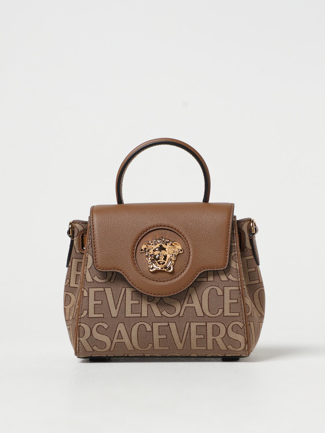 VERSACE MINI BAG: Versace La Medusa bag in embroidered canvas and leather, Beige - Img 1