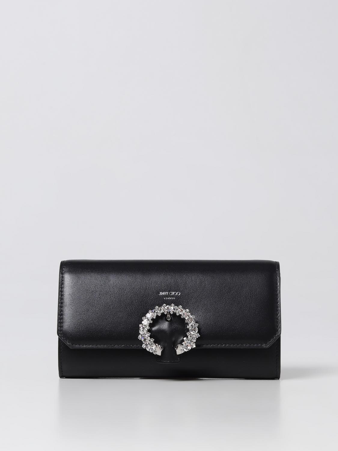 Jimmy Choo leather clutch with jewel brooch - Black
