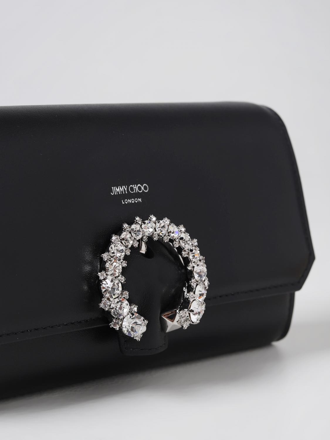 Jimmy Choo leather clutch with jewel brooch - Black