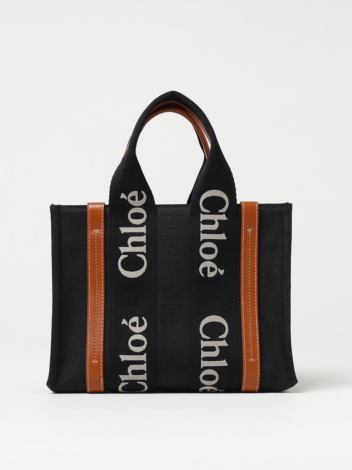 CHLOÉ BORSA TOTE: Borsa Woody Chloé in canvas con logo ricamato, Nero - Img 1