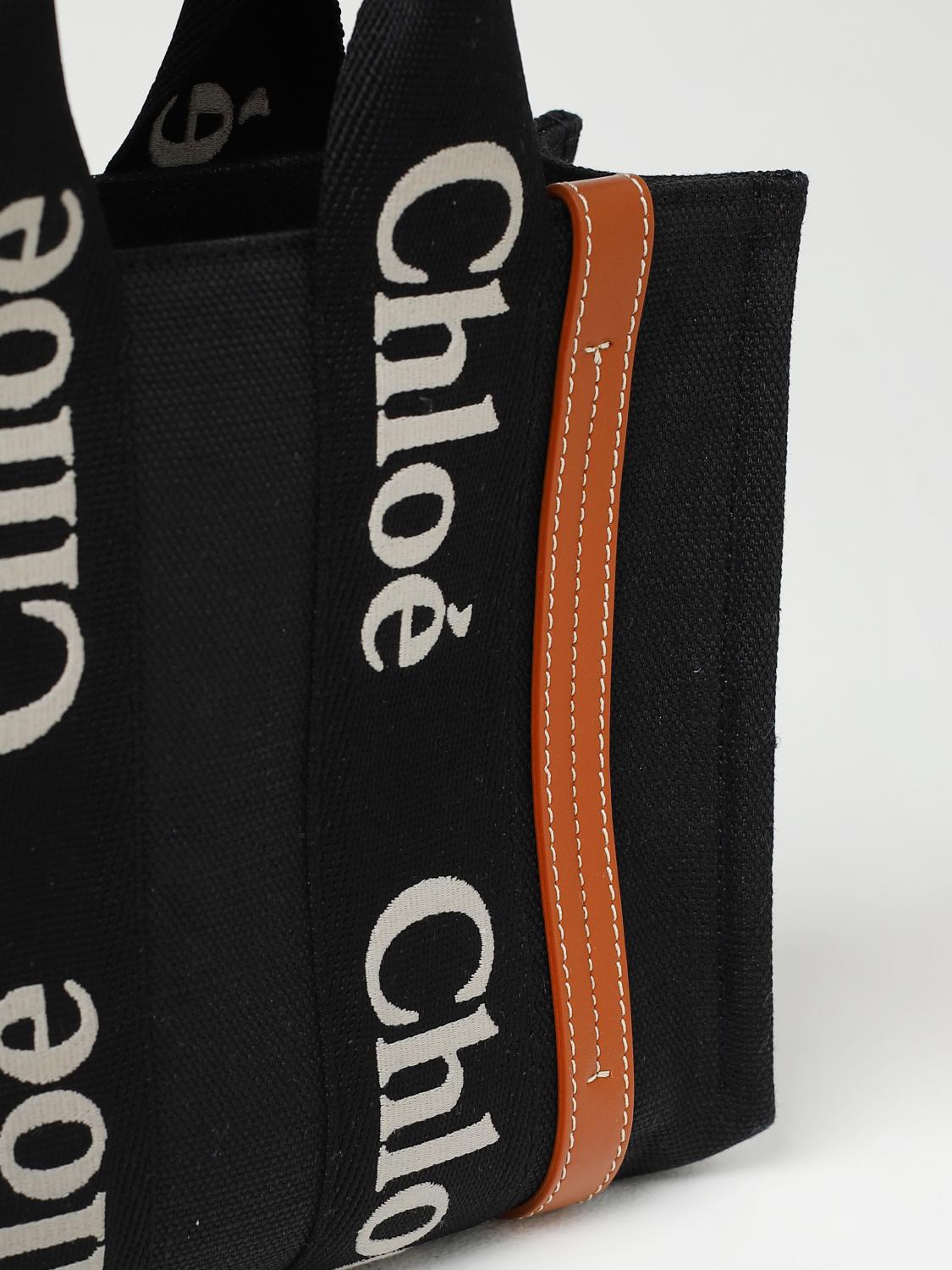 CHLOÉ BORSA TOTE: Borsa Woody Chloé in canvas con logo ricamato, Nero - Img 3
