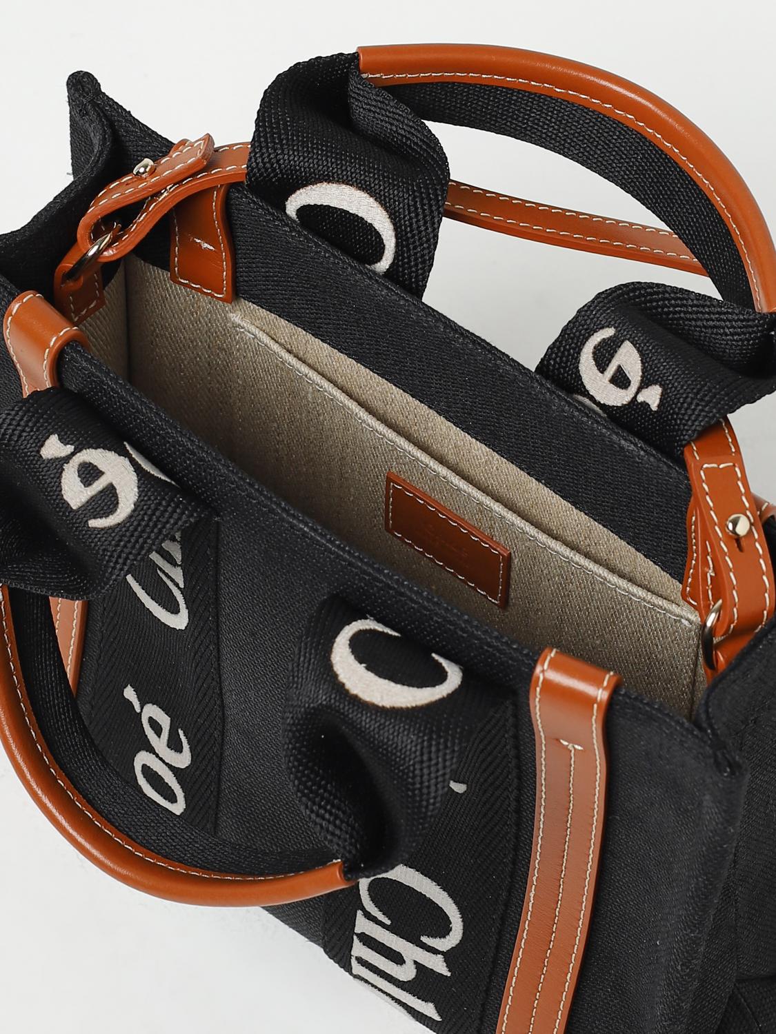 CHLOÉ BORSA TOTE: Borsa Woody Chloé in canvas con logo ricamato, Nero - Img 4