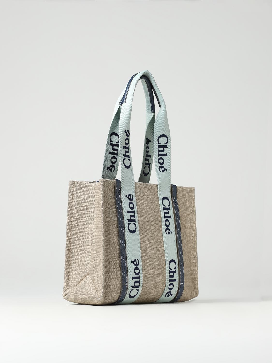 CHLOÉ BORSA TOTE: Borsa Woody Chloé in canvas con logo ricamato, Beige - Img 3