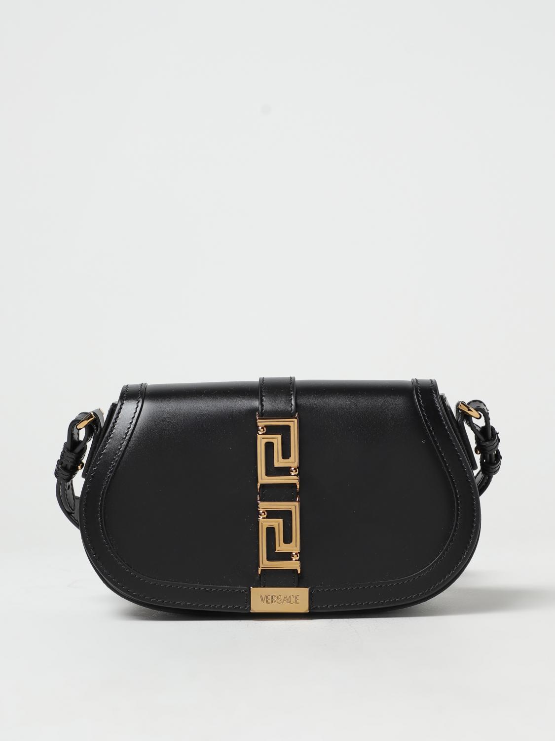 VERSACE BORSA A SPALLA: Borsa Greca Goddess Versace in pelle con applicazione, Nero - Img 1