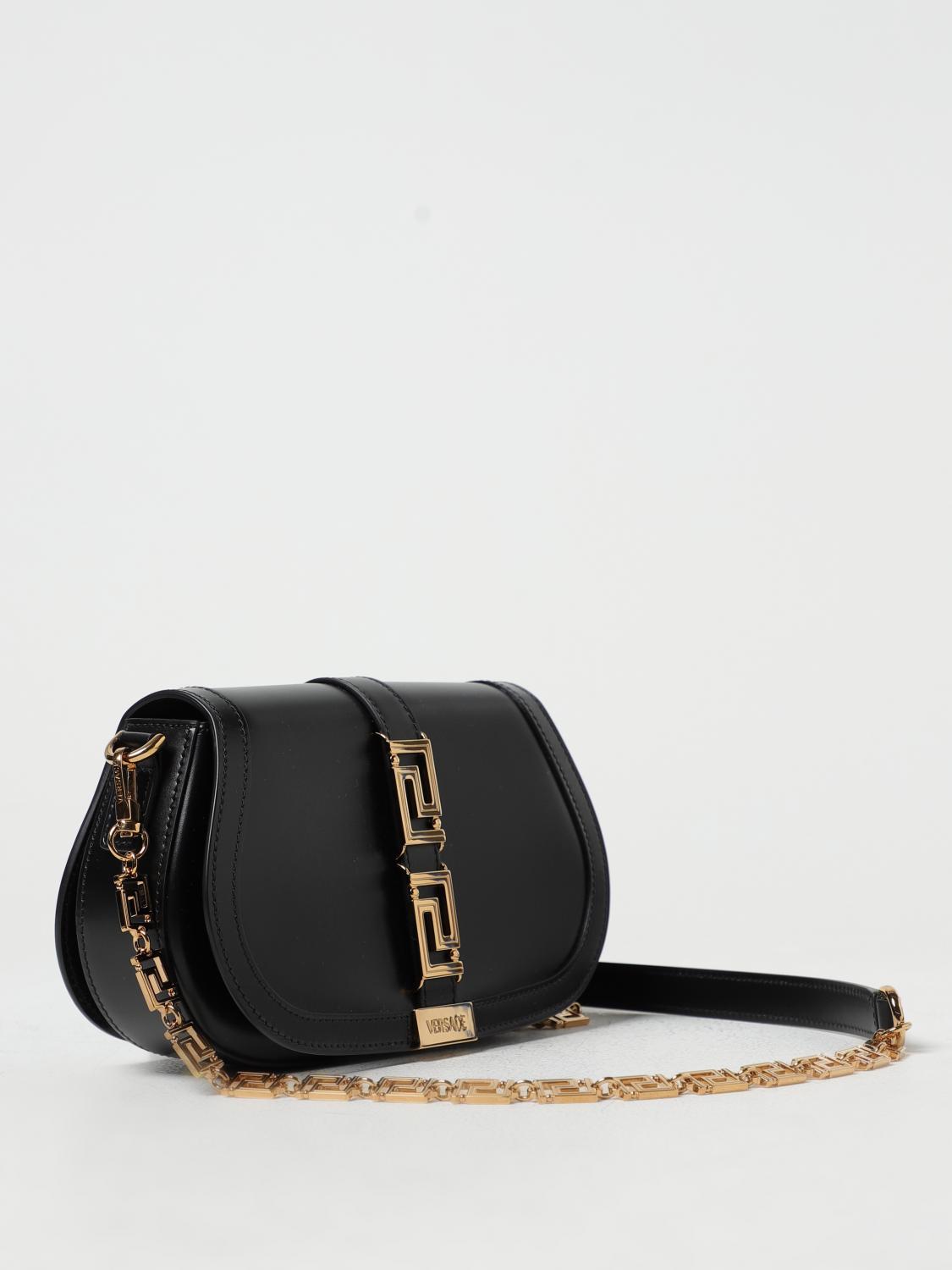 VERSACE BORSA A SPALLA: Borsa Greca Goddess Versace in pelle con applicazione, Nero - Img 3