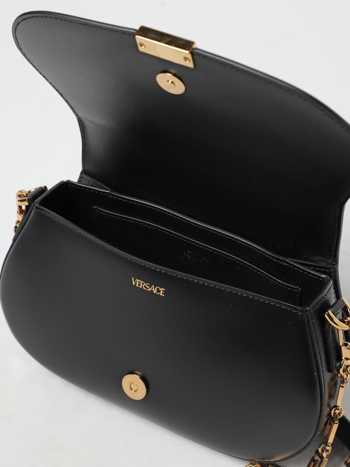 VERSACE BORSA A SPALLA: Borsa Greca Goddess Versace in pelle con applicazione, Nero - Img 5