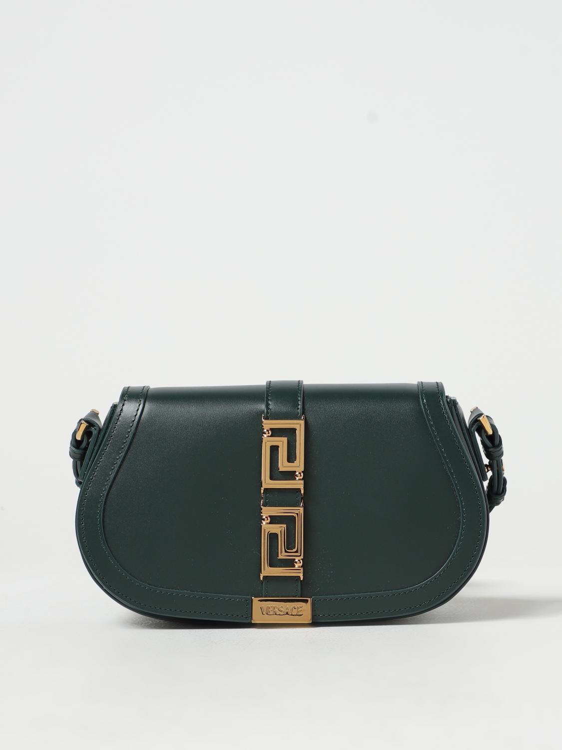 VERSACE BORSA A SPALLA: Borsa Greca Goddess Versace in pelle con applicazione, Verde - Img 1