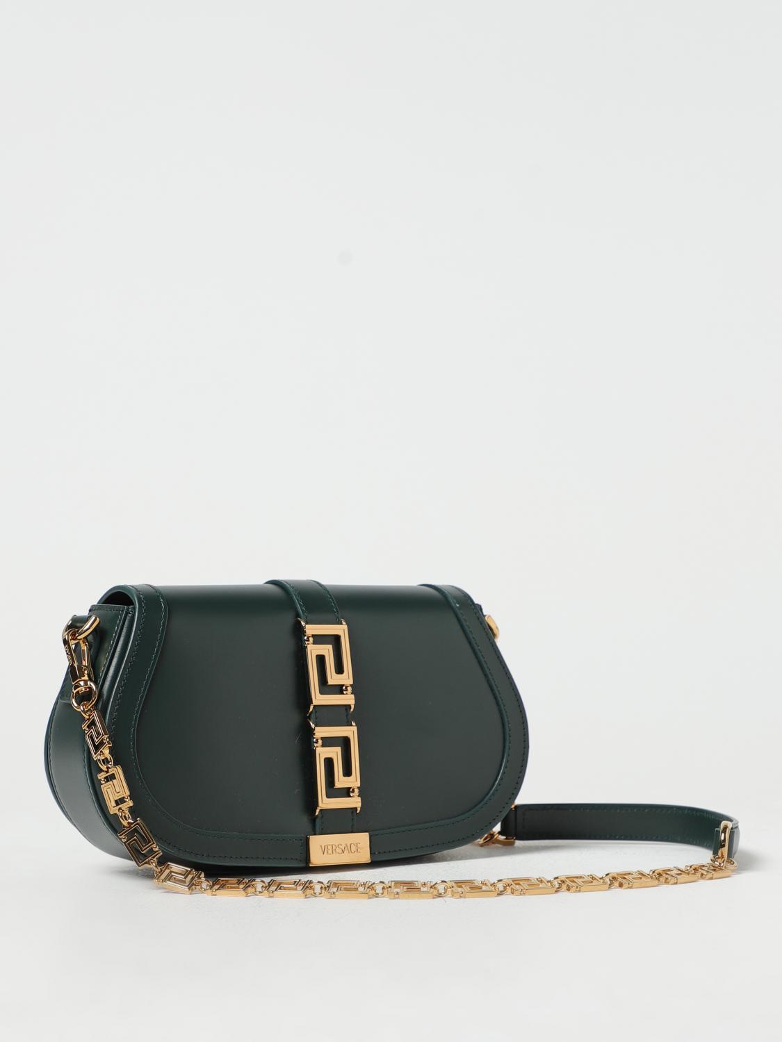 VERSACE BORSA A SPALLA: Borsa Greca Goddess Versace in pelle con applicazione, Verde - Img 3